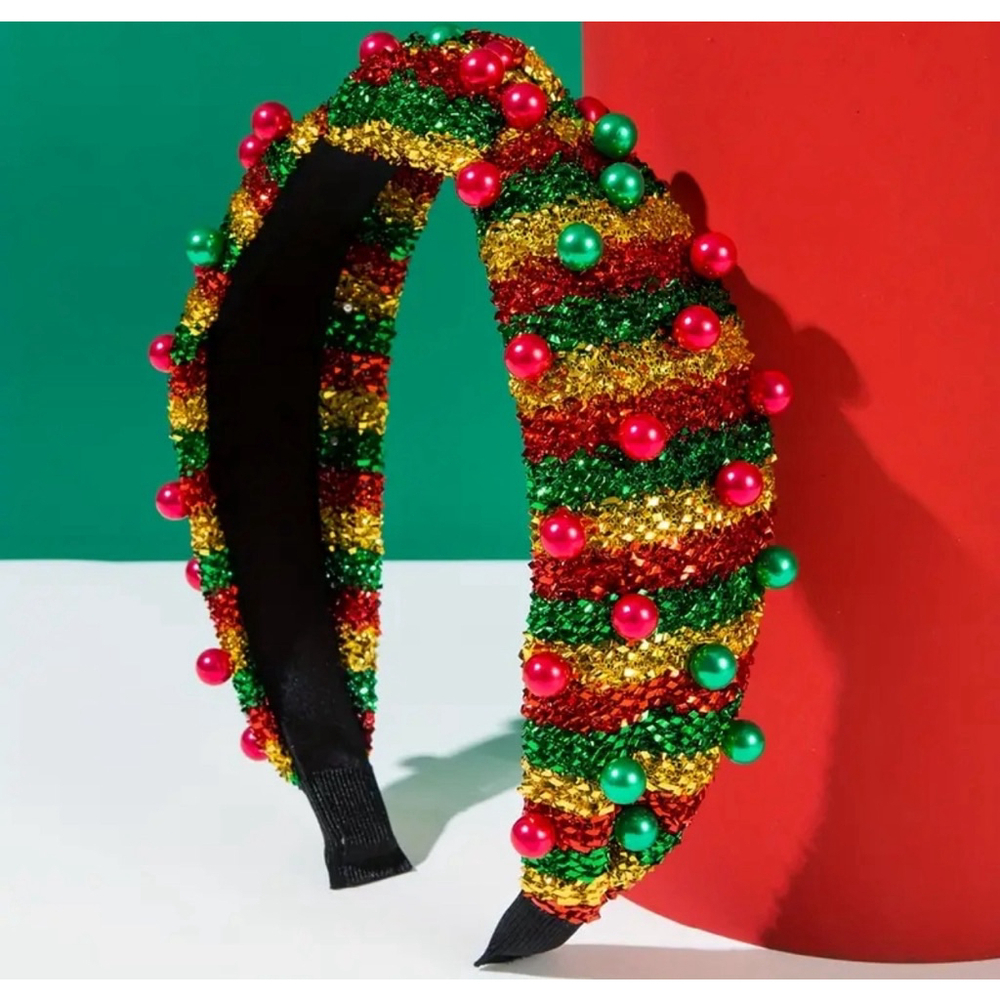 Christmas Shimmer Red, Green and Gold Top Knot Headband with Faux Pearls - Picture 2 of 3